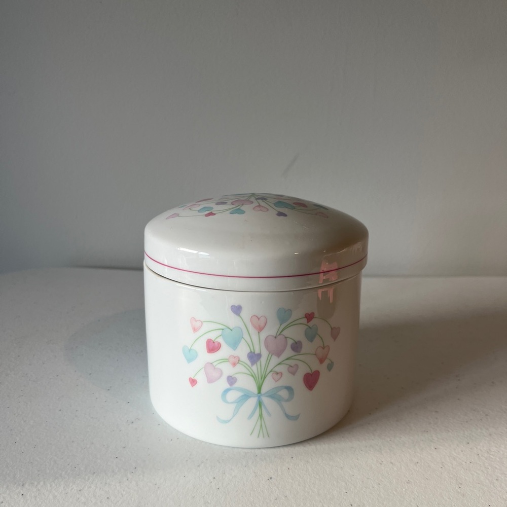 Vintage FTDA 1987 Porcelain Jar with Lid 1980s Heart Pattern White Pink Blue